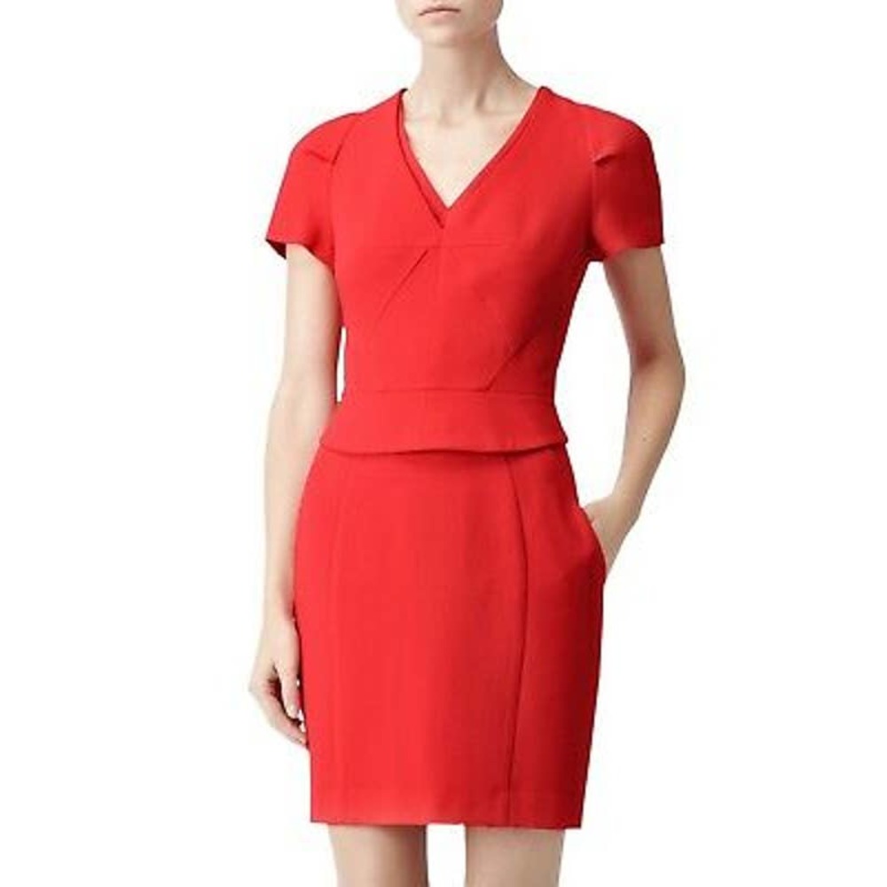 REISS | Peplum Dress Marcia V-Neck Lined Red 2